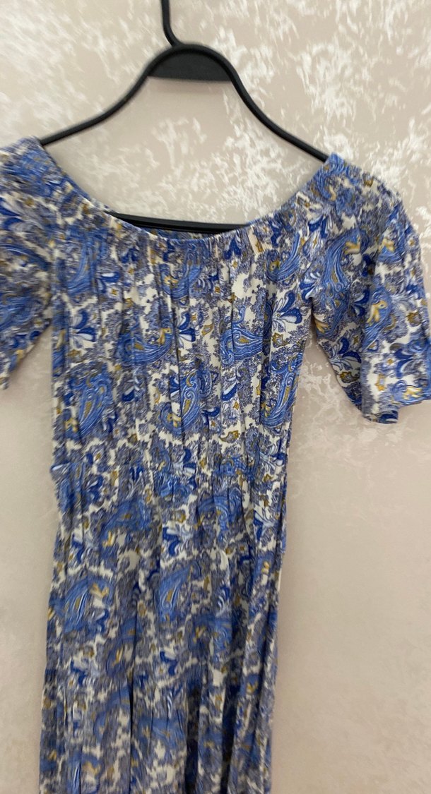 Mavi Bohem Uzun Elbise, Kısa Kollu, Fırfırlı - Görsel 3