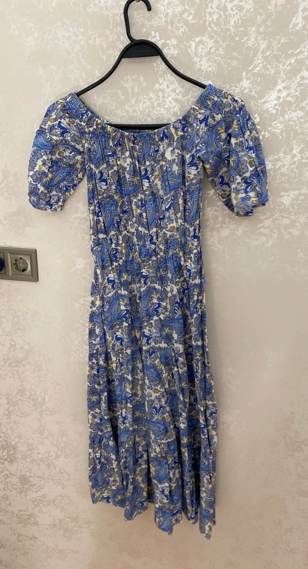 Mavi Bohem Uzun Elbise, Kısa Kollu, Fırfırlı - Görsel 2