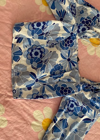 Mavi Bağlama Desenli Dantel Detaylı Uzun Bluz - Görsel 2