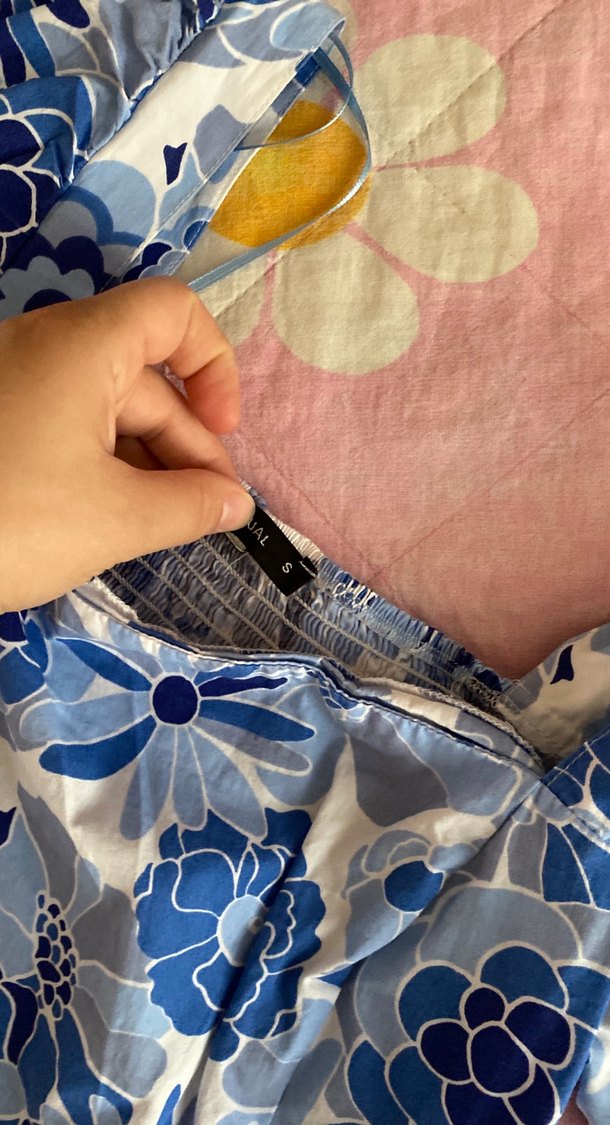 Mavi Bağlama Desenli Dantel Detaylı Uzun Bluz - Görsel 3