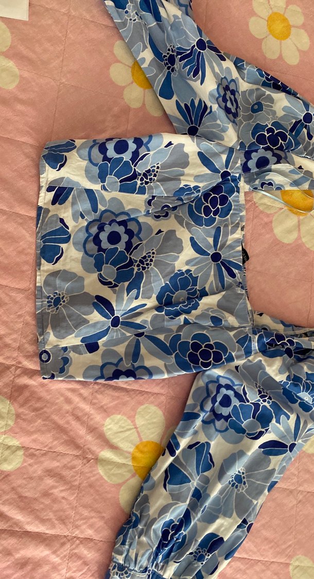 Mavi Bağlama Desenli Dantel Detaylı Uzun Bluz - Görsel 2