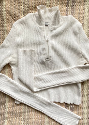 Beyaz Yarım Fermuarlı Triko Kazak - Görsel 3