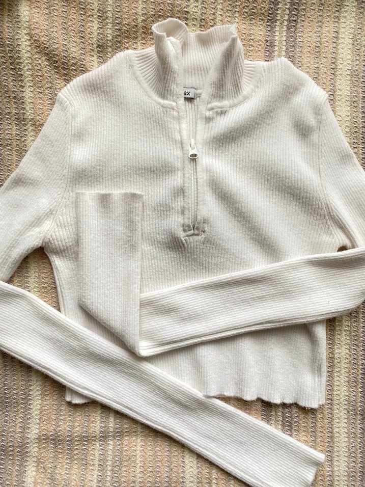 Beyaz Yarım Fermuarlı Triko Kazak - Görsel 3