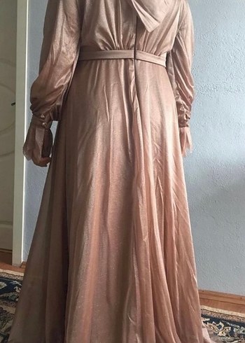 Uzun Kollu V Yaka Drapeli Bej Abiye Elbise - Görsel 3