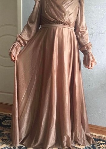 Uzun Kollu V Yaka Drapeli Bej Abiye Elbise - Görsel 2