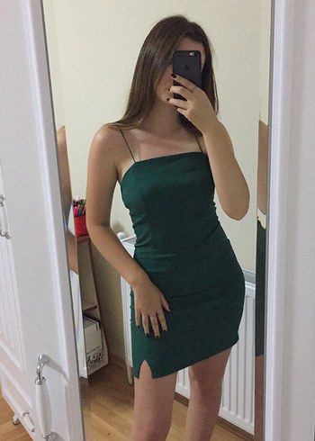Yeşil İnce Askılı Mini Elbise