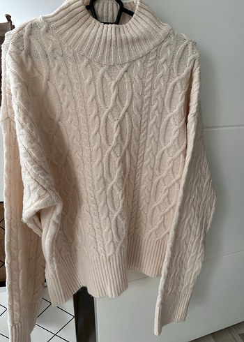 Bej Yüksek Yakalı Örgü Kadın Kazak - Görsel 2