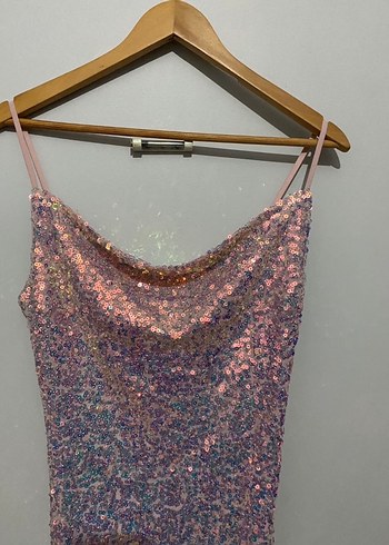 Pembe Parlak Payetli Mini Elbise - Görsel 3