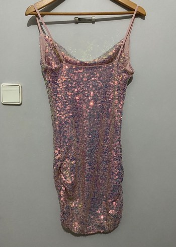 Pembe Parlak Payetli Mini Elbise - Görsel 5