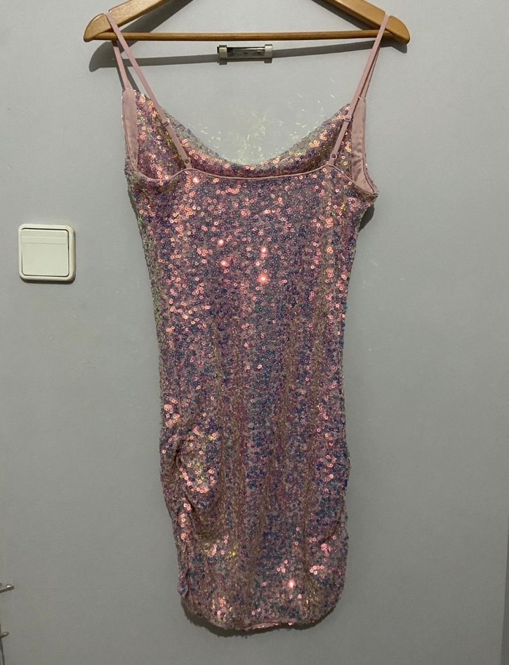 Pembe Parlak Payetli Mini Elbise - Görsel 5