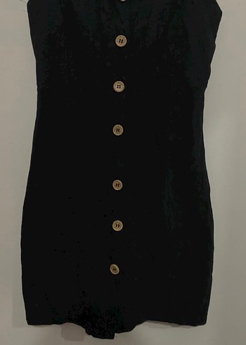 Düğmeli Siyah Keten Mini Elbise - Görsel 2