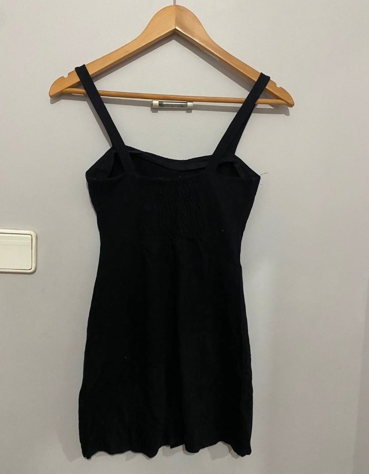 Düğmeli Siyah Keten Mini Elbise - Görsel 3