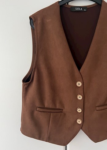 Düğmeli Kahverengi Süet Kadın Yelek - Görsel 4