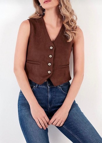 Düğmeli Kahverengi Süet Kadın Yelek - Görsel 2