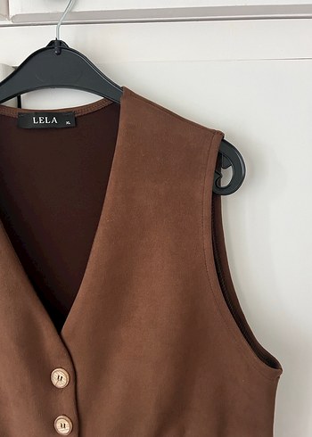 Düğmeli Kahverengi Süet Kadın Yelek - Görsel 5