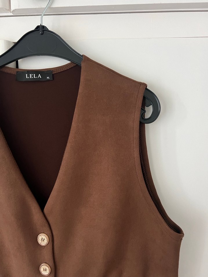 Düğmeli Kahverengi Süet Kadın Yelek - Görsel 5