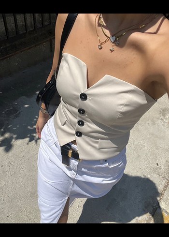 Bershka Düğmeli Ekru Straplez Bustiyer - Görsel 5