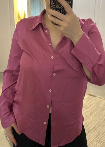 Mango Canli Pembe Uzun Kollu Gomlek
