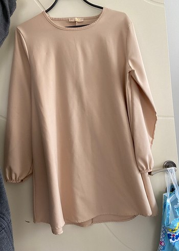 Bej Midi Kadın Tunik, Uzun Kollu, Salaş Kesim - Görsel 3