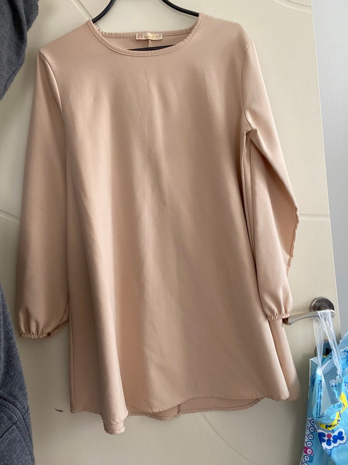 Bej Midi Kadın Tunik, Uzun Kollu, Salaş Kesim - Görsel 3