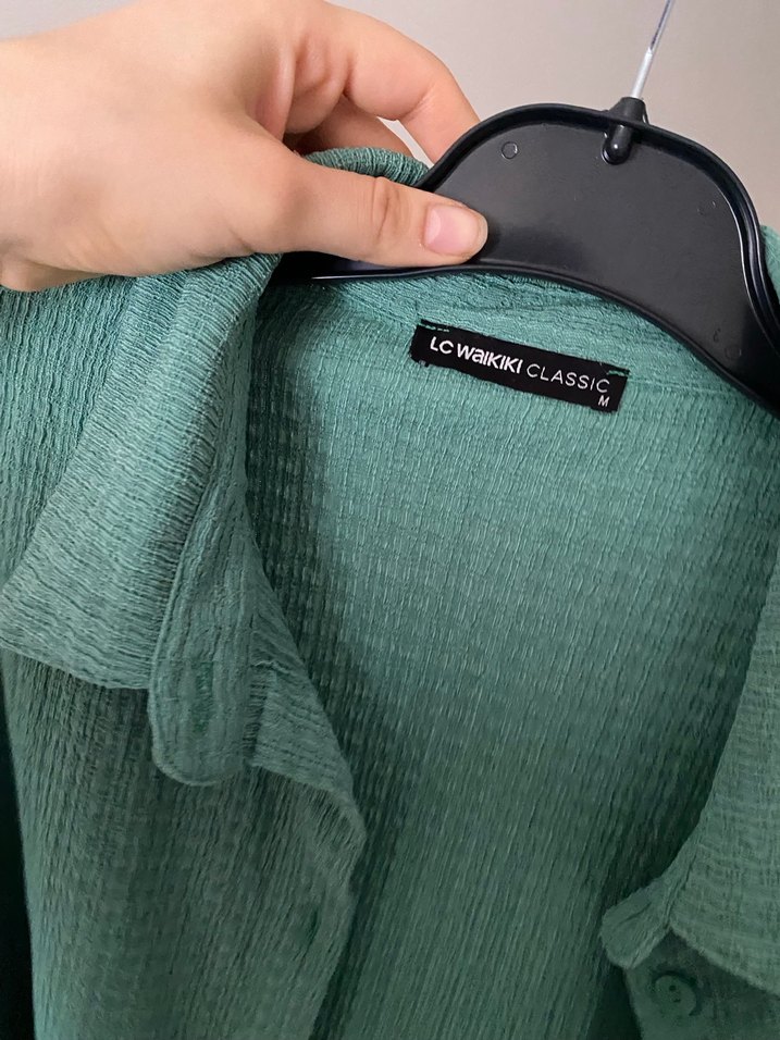 Uzun Kollu Turkuaz Keten Gömlek - Görsel 3