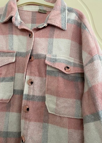 Pembe Ekose Düğmeli Uzun Kollu Kadın Gömlek - Görsel 2