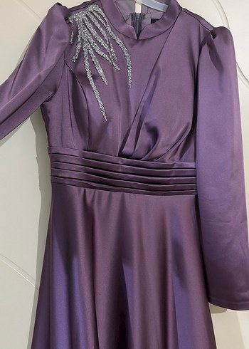 Mor Uzun Kollu İşlemeli Abiye Elbise - Görsel 5