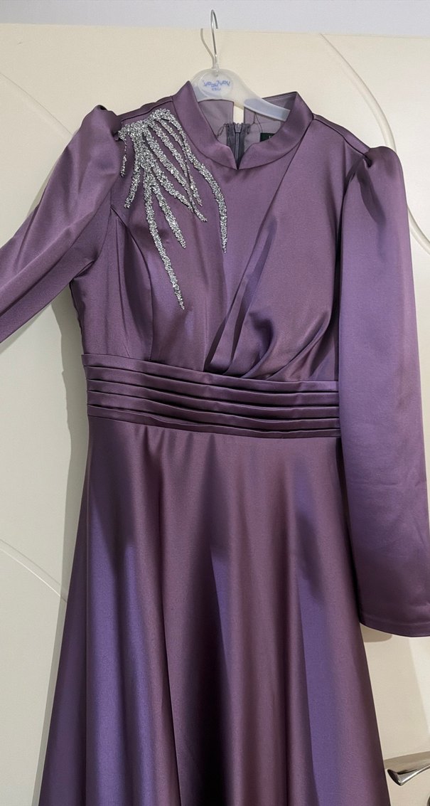 Mor Uzun Kollu İşlemeli Abiye Elbise - Görsel 5