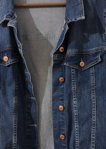 Kadın Mavi Düğmeli Normal Boy Denim Ceket - Görsel 2