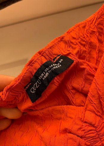 Kadın Turuncu Keten Midi V Yakalı Elbise - Görsel 4