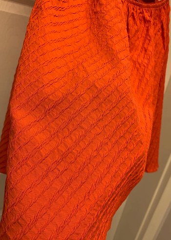 Kadın Turuncu Keten Midi V Yakalı Elbise - Görsel 3