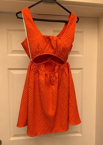 Kadın Turuncu Keten Midi V Yakalı Elbise - Görsel 5