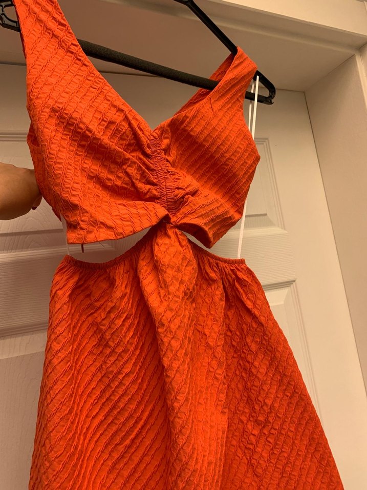 Kadın Turuncu Keten Midi V Yakalı Elbise - Görsel 2