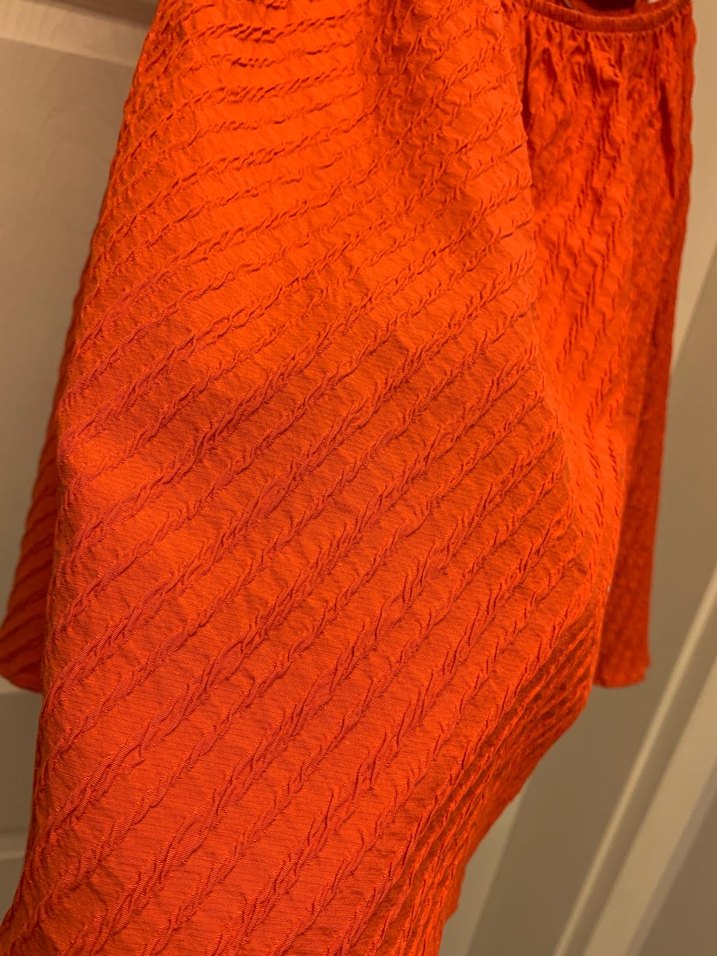 Kadın Turuncu Keten Midi V Yakalı Elbise - Görsel 3