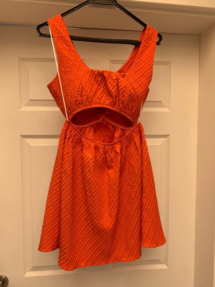 Kadın Turuncu Keten Midi V Yakalı Elbise - Görsel 5