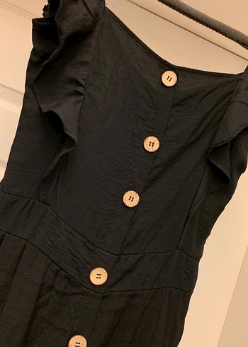 Düğmeli Siyah Kadın Uzun Keten Tulum - Görsel 3