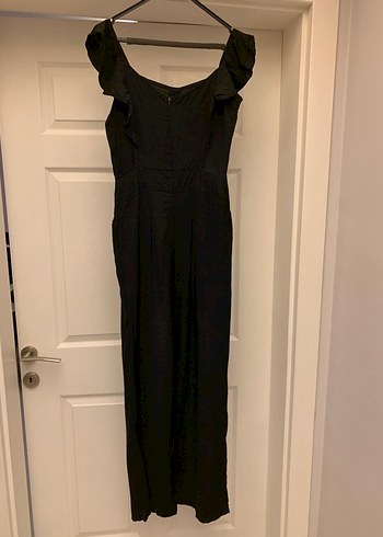 Düğmeli Siyah Kadın Uzun Keten Tulum - Görsel 6