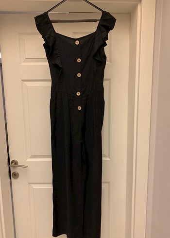 Düğmeli Siyah Kadın Uzun Keten Tulum - Görsel 2