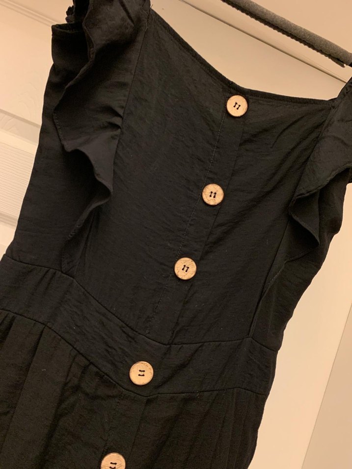 Düğmeli Siyah Kadın Uzun Keten Tulum - Görsel 3