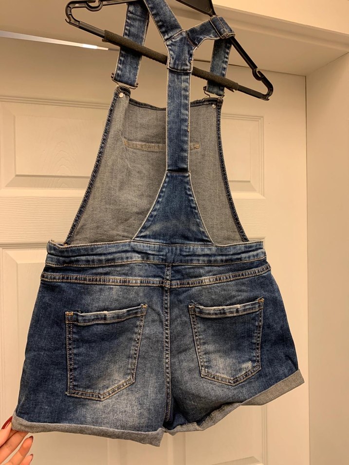 Kadın Mavi Nakışlı Kısa Kot Salopet - Görsel 3