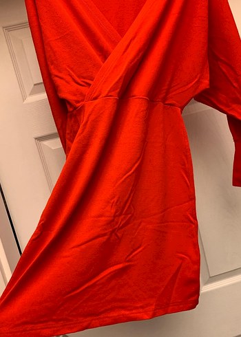 Kırmızı V Yaka Drapeli Triko Elbise - Görsel 3