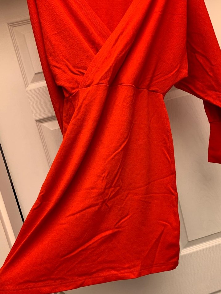 Kırmızı V Yaka Drapeli Triko Elbise - Görsel 3