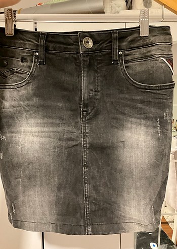 Replay Koyu Gri Yikamali Denim Mini Etek