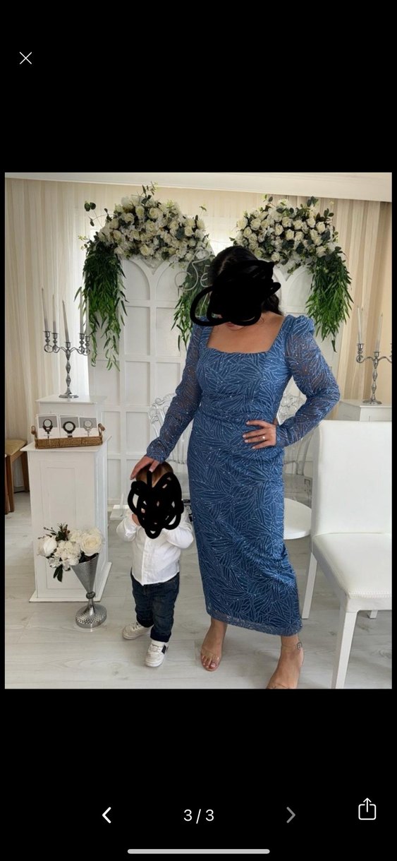 Navy Dantel Detaylı Uzun Kollu Abiye Elbise - Görsel 3