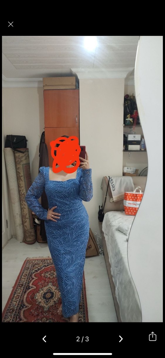 Navy Dantel Detaylı Uzun Kollu Abiye Elbise - Görsel 2