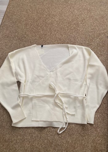 Beyaz V Yaka Örgü Kadın hırka - Görsel 4