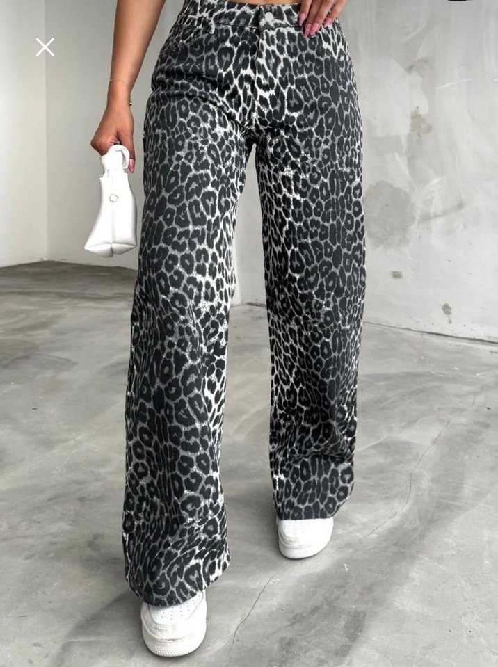 Gri Leopar Desenli Bol Kesim Kadın Pantolon - Görsel 2