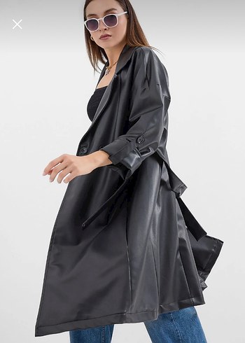 Drapeli Siyah Deri Uzun Trench Coat