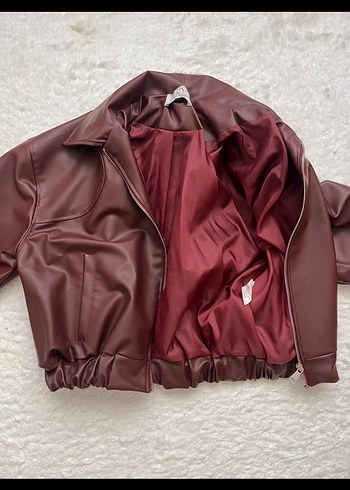 38 Beden Bordo Kadın Deri Ceket Mini Kısa Kesim