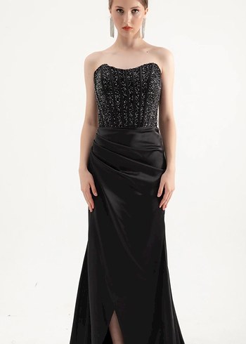 Siyah Straplez Uzun Gotik Abiye Elbise - Görsel 2